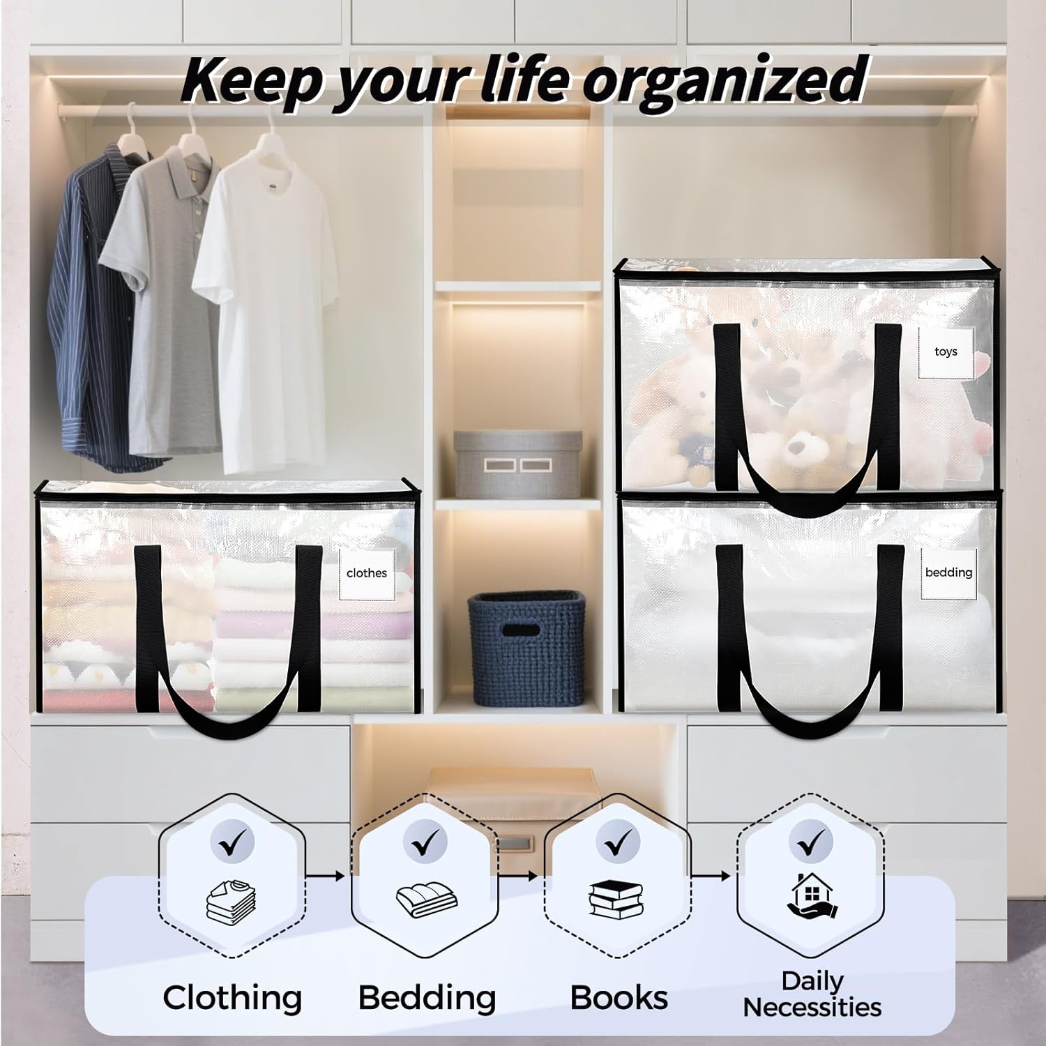 8 Pack Extra Large Heavy Duty Moving Bags, Clear Storage Bins with Lids, Reinforced Handles & Heavy-Duty Zippers Moving Boxes Storage Bags Totes for Clothes Packing, Dorms, College Supplies, Clear